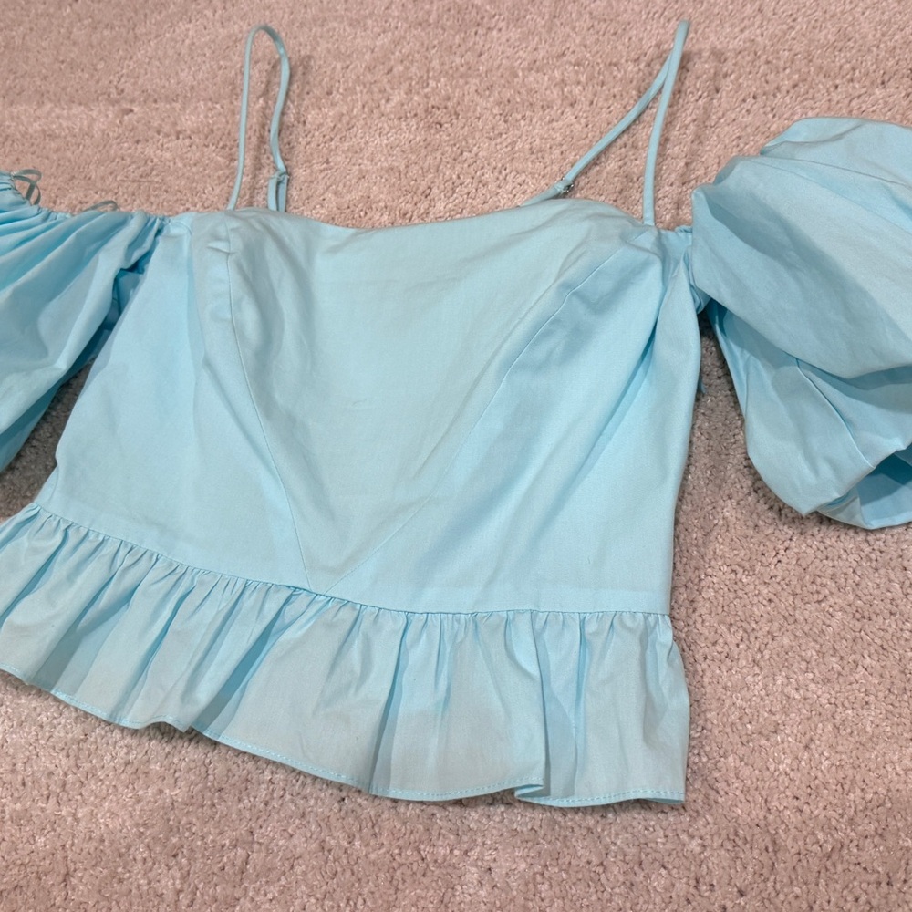 Zara Blue Puff Sleeve Ruffled Blouse